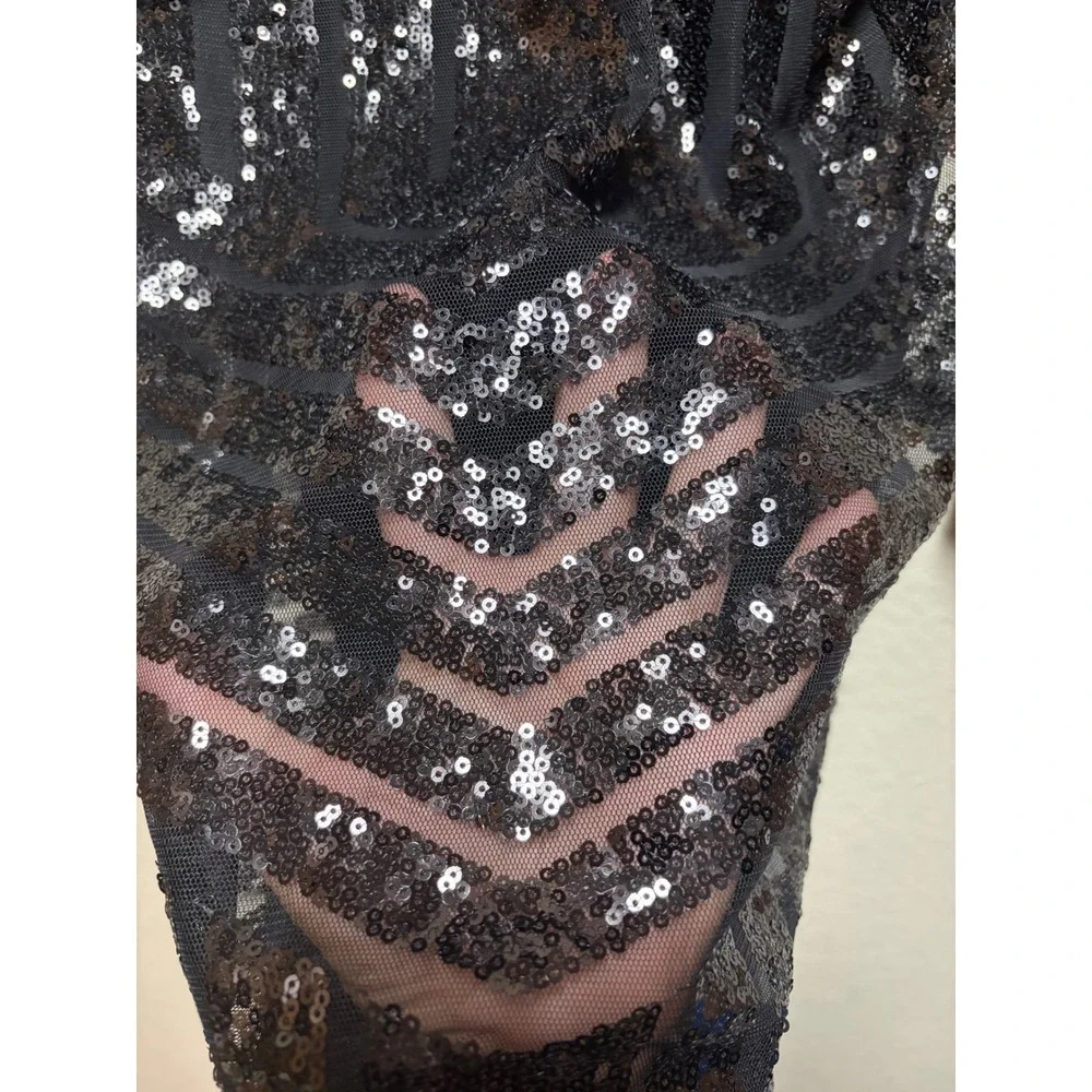 Boohoo Black Sequin Geometric Open Back Mini Dress Long Sleeve US 12